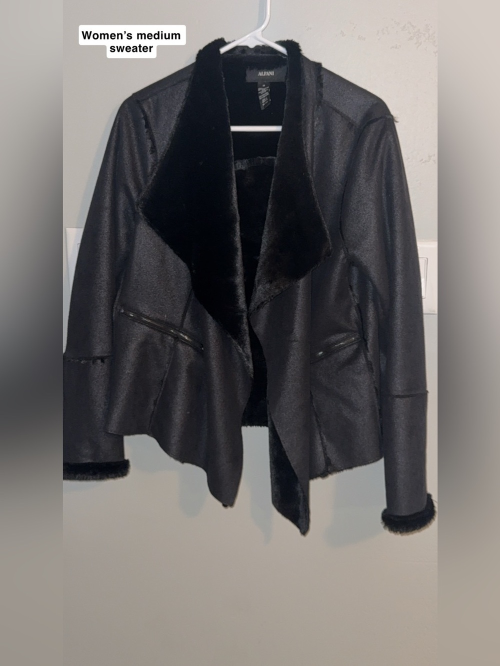 Alfani Black Faux Leather Jacket with Faux Fur Trim